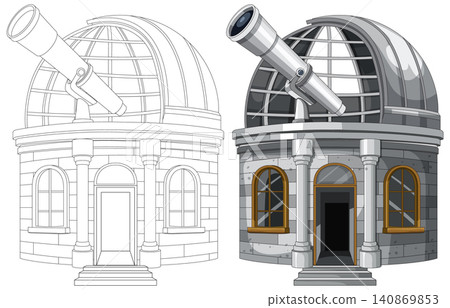 Astronomical Observatory Building with Large Dome Telescope Vector 140869853