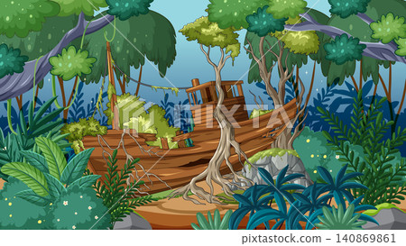 Abandoned Wooden Shipwreck Overgrown in Dense Jungle 140869861