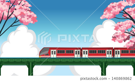 Red Commuter Train Crossing Bridge with Pink Cherry Blossom Trees Red Commuter Train Crossing Bridge with Pink Cherry Blossom Trees 140869862