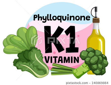 Vitamin K1 Sources with Leafy Greens and Olive Oil Illustration 140869864