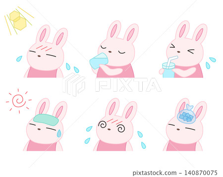 A set of illustrations of rabbits taking precautions against heatstroke. A set of illustrations of rabbits taking precautions against heatstroke. 140870075