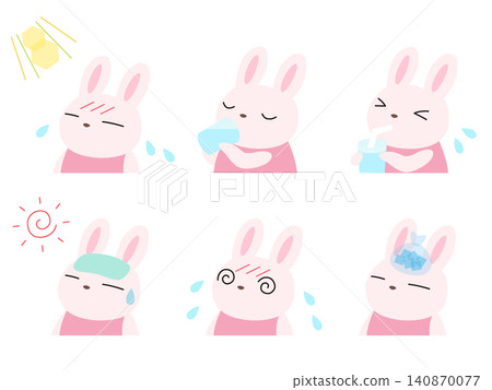 A set of illustrations of rabbits taking precautions against heatstroke (no outlines). A set of illustrations of rabbits taking precautions against heatstroke (no outlines). 140870077