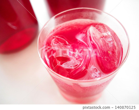 Red perilla juice in a glass and red perilla syrup in a bottle Red perilla juice in a glass and red perilla syrup in a bottle 140870125