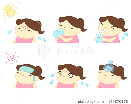 A set of illustrations of girls taking precautions against heatstroke. A set of illustrations of girls taking precautions against heatstroke. 140870178