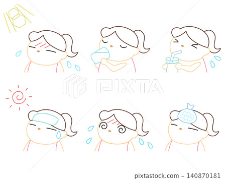 A set of illustrations of a girl taking precautions against heatstroke (color line art). A set of illustrations of a girl taking precautions against heatstroke (color line art). 140870181