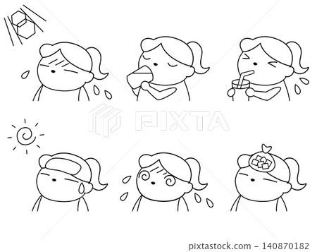 一組描繪女孩採取防暑措施的線條插畫。 一組描繪女孩採取防暑措施的線條插畫。 140870182