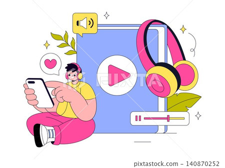 Audio Book Illustration Featuring Digital Audiobook Streaming, Mobile Learning, Online Listening, E Learning, Voice Narration, and Audio Library Audio Book Illustration Featuring Digital Audiobook Streaming, Mobile Learning, Online Listening, E Learning, Voice Narration, and Audio Library 140870252