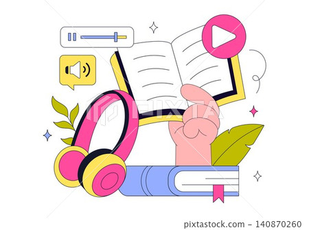 Audio Book Illustration Featuring Digital Audiobook Streaming, Mobile Learning, Online Listening, E Learning, Voice Narration, and Audio Library Audio Book Illustration Featuring Digital Audiobook Streaming, Mobile Learning, Online Listening, E Learning, Voice Narration, and Audio Library 140870260
