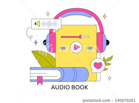 Audio Book Illustration Featuring Digital Audiobook Streaming, Mobile Learning, Online Listening, E Learning, Voice Narration, and Audio Library Audio Book Illustration Featuring Digital Audiobook Streaming, Mobile Learning, Online Listening, E Learning, Voice Narration, and Audio Library 140870261