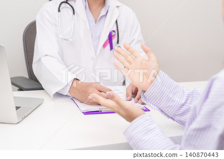 Doctor and patient having a medical consultation for purple and pink ribbon concept of September Thyroid Cancer Awareness month, Healthcare and February world cancer day Doctor and patient having a medical consultation for purple and pink ribbon concept of September Thyroid Cancer Awareness month, Healthcare and February world cancer day 140870443