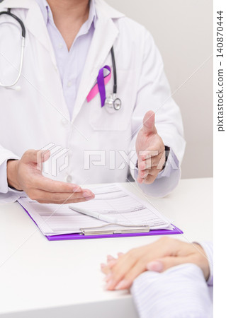 Doctor and patient having a medical consultation for purple and pink ribbon concept of September Thyroid Cancer Awareness month, Healthcare and February world cancer day Doctor and patient having a medical consultation for purple and pink ribbon concept of September Thyroid Cancer Awareness month, Healthcare and February world cancer day 140870444