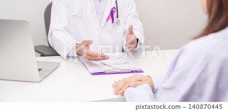 Doctor and patient having a medical consultation for purple and pink ribbon concept of September Thyroid Cancer Awareness month, Healthcare and February world cancer day Doctor and patient having a medical consultation for purple and pink ribbon concept of September Thyroid Cancer Awareness month, Healthcare and February world cancer day 140870445