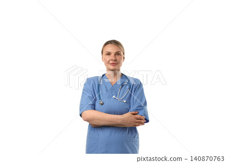 Confident healthcare worker, arms crossed, isolated on white, PNG 140870763