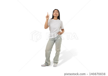 Thoughtful woman points upward while standing, PNG Thoughtful woman points upward while standing, PNG 140870838