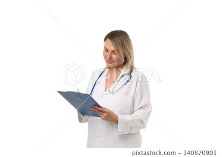 Provider reviews patient info while standing, isolated on white, PNG 140870901