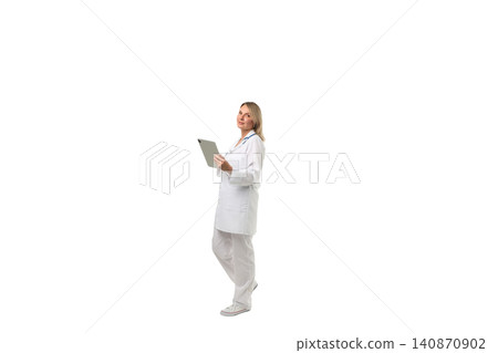 Expert stands with tech, isolated on white, PNG Expert stands with tech, isolated on white, PNG 140870902
