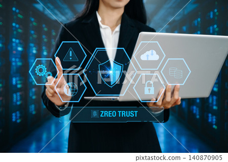 Zero Trust security concept with identity authentication, access control, and data protection, featuring cybersecurity systems, cloud infrastructure, and secure digital networks. 140870905