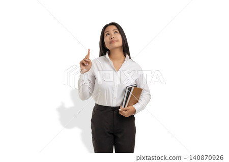Woman points up, holding a notebook and folder, PNG Woman points up, holding a notebook and folder, PNG 140870926