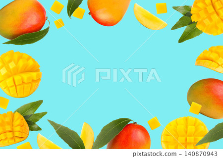 Brightly colored mangoes and slices create a dynamic food display Brightly colored mangoes and slices create a dynamic food display 140870943