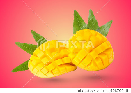 Fresh mango halves display juicy texture and vibrant color 140870946