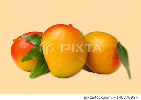 Three ripe mangoes with rich colors showcase freshness and quality Three ripe mangoes with rich colors showcase freshness and quality 140870957