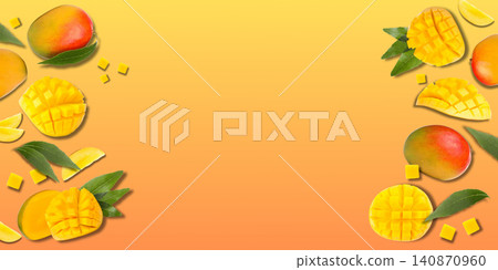 Mango slices and cubes are creatively displayed on colorful backdrop Mango slices and cubes are creatively displayed on colorful backdrop 140870960