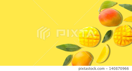Ripe mangoes and slices arranged beautifully on sunny background. Fresh fruit concept Ripe mangoes and slices arranged beautifully on sunny background. Fresh fruit concept 140870966