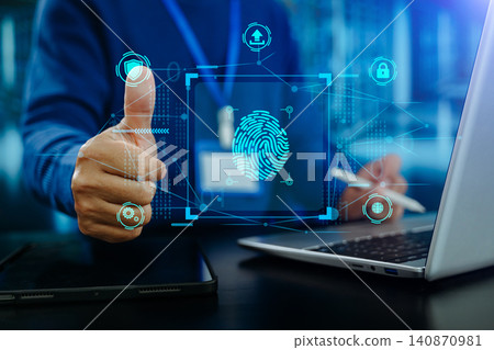 Digital fingerprint authentication interface with cybersecurity, data protection, encryption and network security concept Digital fingerprint authentication interface with cybersecurity, data protection, encryption and network security concept 140870981