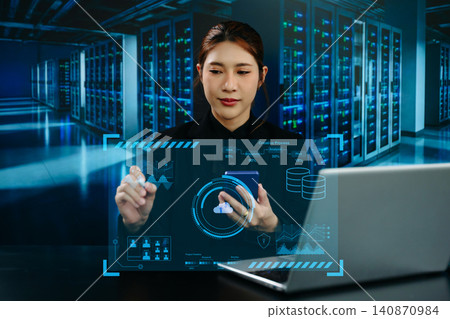 Cloud computing technology with cybersecurity dashboard in data center. Businesswoman managing servers, big data analytics, AI network security Cloud computing technology with cybersecurity dashboard in data center. Businesswoman managing servers, big data analytics, AI network security 140870984