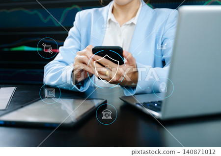 Professional using smartphone with fintech security icons, mobile banking protection and digital finance concept with cybersecurity shield and secure online payment Professional using smartphone with fintech security icons, mobile banking protection and digital finance concept with cybersecurity shield and secure online payment 140871012