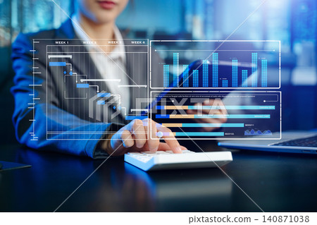 Business woman hand Project manager working and update tasks and Gantt chart scheduling virtual diagram.with smart phone Business woman hand Project manager working and update tasks and Gantt chart scheduling virtual diagram.with smart phone 140871038