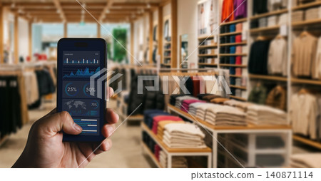 Hand holds smartphone showing retail dashboard with charts, percentages and store analytics, monitoring sales data, inventory display and management metrics inside a clothing store. Hand holds smartphone showing retail dashboard with charts, percentages and store analytics, monitoring sales data, inventory display and management metrics inside a clothing store. 140871114