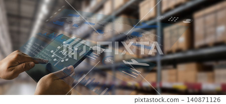 man hold a transparent tablet in a warehouse, monitoring inventory and logistics data through an AI dashboard for stock tracking, shipment analysis, and supply chain management tasks. man hold a transparent tablet in a warehouse, monitoring inventory and logistics data through an AI dashboard for stock tracking, shipment analysis, and supply chain management tasks. 140871126