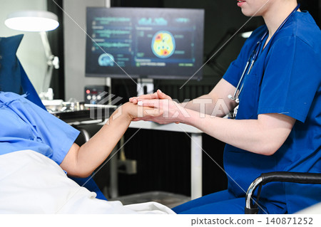 A professional nurse provides care and support to an elderly Asian woman in a hospital bed, representing geriatric healthcare, patient comfort, and medical wellness services. A professional nurse provides care and support to an elderly Asian woman in a hospital bed, representing geriatric healthcare, patient comfort, and medical wellness services. 140871252