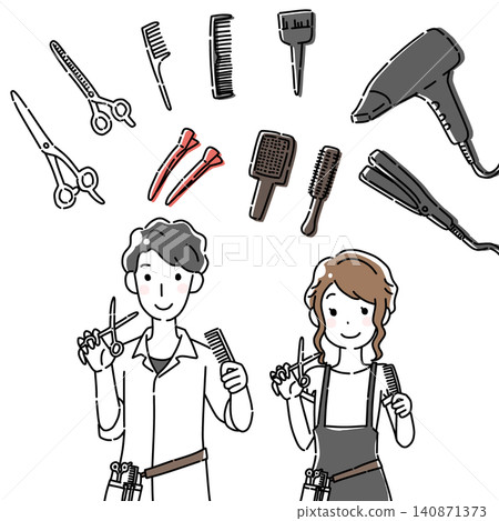 A set of illustrations of a hairdresser and their tools. A set of illustrations of a hairdresser and their tools. 140871373