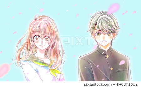 一名身穿水手服的女學生和一名身穿學生製服（日本傳統校服）的男學生在漫天櫻花中微笑。 140871512