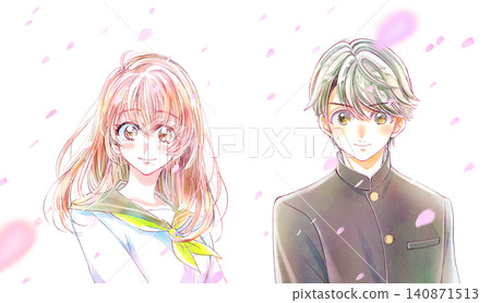 A female student in a sailor uniform and a male student in a school uniform, smiling, a flurry of cherry blossoms. 140871513