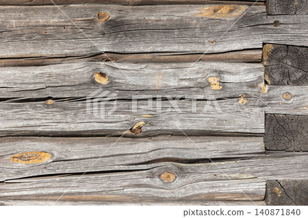 Close-up of a weathered log cabin wall, background texture Close-up of a weathered log cabin wall, background texture 140871840