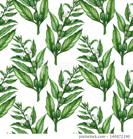 Seamless pattern with green sesame stalks with leaves, pods, and flowers. Hand-drawn watercolor illustration. For kitchen decor, textiles, wallpaper, product labels, wrapping paper, menus, and more. Seamless pattern with green sesame stalks with leaves, pods, and flowers. Hand-drawn watercolor illustration. For kitchen decor, textiles, wallpaper, product labels, wrapping paper, menus, and more. 140872190