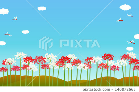 Red and white spider lilies and autumn landscape background illustration 1_horizontal Red and white spider lilies and autumn landscape background illustration 1_horizontal 140872665