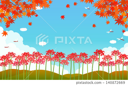 紅色彼岸花和秋季風景背景插圖 1_橫向 紅色彼岸花和秋季風景背景插圖 1_橫向 140872669