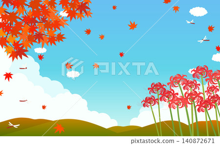 紅色彼岸花和秋季風景背景插圖 2_橫向 140872671