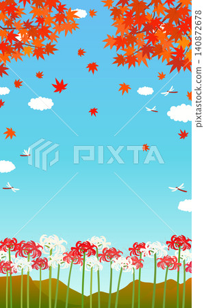 背景插圖 1：紅白相間的彼岸花和秋季風景（直版） 140872678