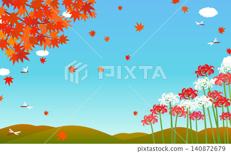 紅白相間的彼岸花和秋季風景背景插圖 2_橫向 紅白相間的彼岸花和秋季風景背景插圖 2_橫向 140872679