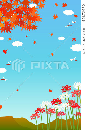 背景插圖 2:紅白相間的彼岸花和秋季風景(直版) 背景插圖 2:紅白相間的彼岸花和秋季風景(直版) 140872680