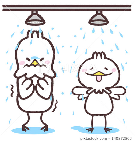 An illustration of a white bird taking a shower in a swimming pool. An illustration of a white bird taking a shower in a swimming pool. 140872803
