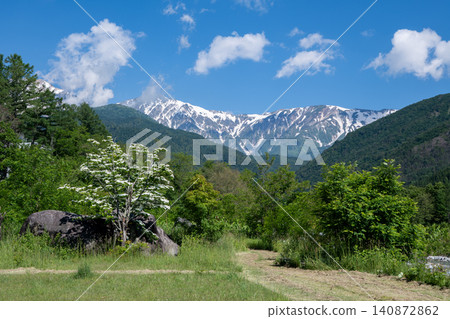 A riverside park and the snow-capped Northern Alps in Hakuba Village, Nagano Prefecture. A riverside park and the snow-capped Northern Alps in Hakuba Village, Nagano Prefecture. 140872862