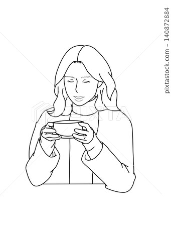 一個女人喝咖啡的線條畫插圖 一個女人喝咖啡的線條畫插圖 140872884