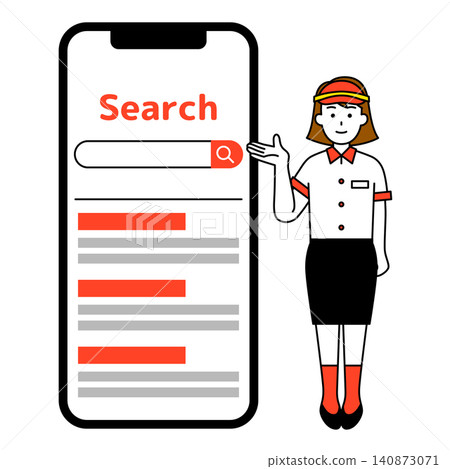 一家速食店的女員工正在用智慧型手機的大螢幕引導顧客完成搜尋過程。 一家速食店的女員工正在用智慧型手機的大螢幕引導顧客完成搜尋過程。 140873071