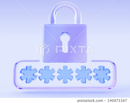 Glass holographic lock 3d icon with blue password asterisks on light purple render background. Concept of cybersecurity, privacy, data protection, secure access and encryption. 3D illustration 140873167